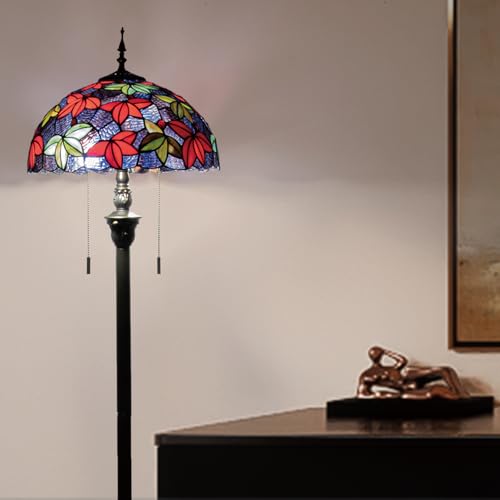 Image of Tiffany Floor Lamp, 16 inch Stained Glass Red Green Maple Leaf Shade with Antique Bronze Base, 2-Light E26 Pull Chain Standing Reading Light for Living Room Bedroom16x16x64 Inches