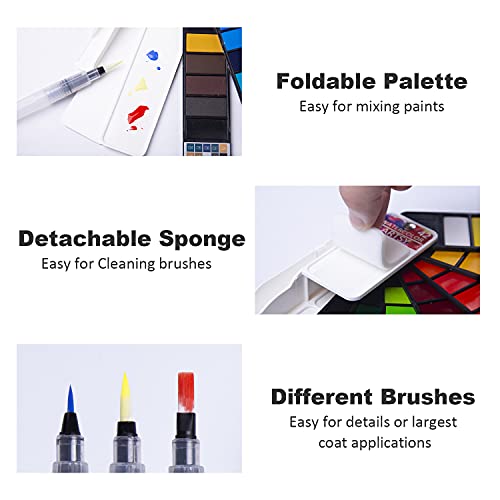 Artsy Watercolor Paint Set – 42 Assorted Colors With 3 Brushes – Perfect Foldable Watercolor Field Sketch Set For Outdoor Painting –Travel Pocket Watercolor Kit #TOP2