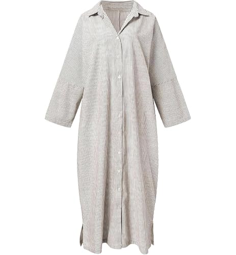 Image of ebossy Women's Oversized Boho Striped Shirt Dress Button Up Long Sleeve Flowy A Line Caftan Dress with Pockets