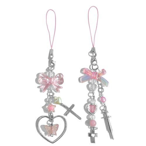 Homvog 1-4PCS Cute Phone Charms Aesthetic Y2K Cell Phone Charms Strap Pink Strawberry Butterfly Star Phone Charm Y2K Accessories for Phone Bag Keychain Airpods Camera Pendants Decor, metals