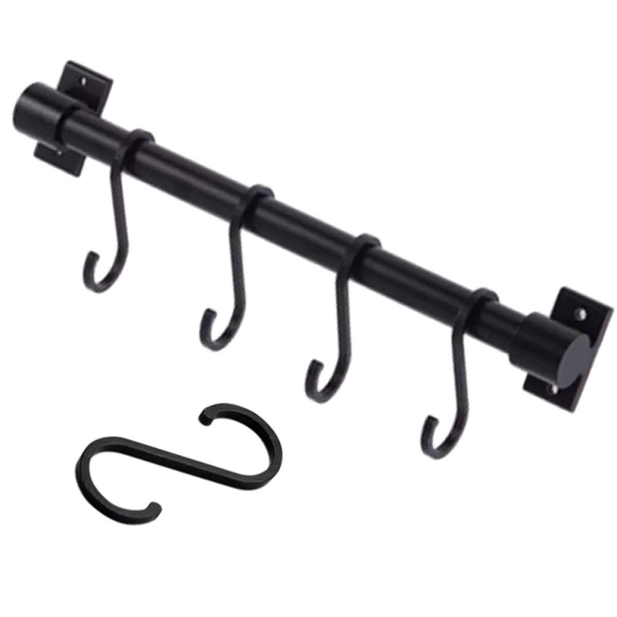 Estante de Cocina Riel de Pared 30 Cm Negro, Colgador de Utensilios Desmontable, Gancho S de Metal Resistente, para Cocina y Baño, Organizador 5 Ganchos para Ollas y Sartenes