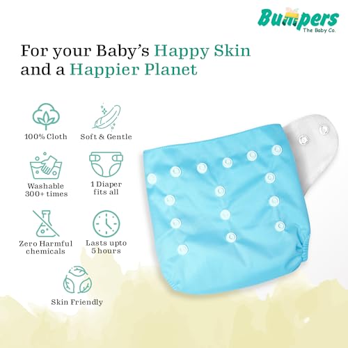Image of Bumper Baby Reusable Cloth Diaper with Insert Pad | Leak-Proof, Super Absorbent & Ultra Soft | Adjustable & Washable Cloth Diaper | Prevent Rashes | Freesize 5-17Kg | (3M-3Y), Pack of 5, Blue