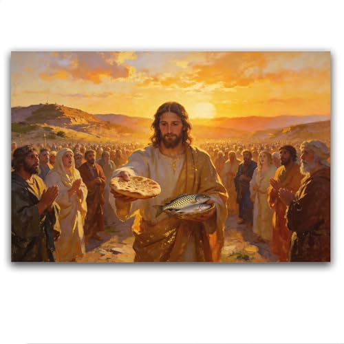 Religious Wall Art Miracle of Jesus Feeding 5000 with Five Loaves and Two Fish Painting Christian Home Decor Bible Verses Canvas Prints for Bedroom Living Room Kitchen Bathroom Hallway Mormon Decor