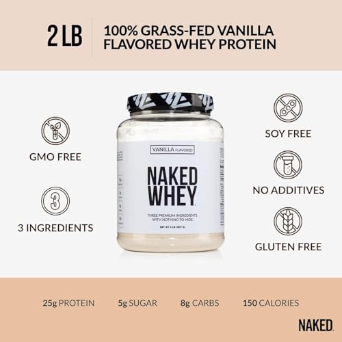 naked whey vanilla protein powder - only 3 ingredients - grass fed whey protein powder vanilla flavor and organic coconut sugar no gmo no soy and gluten free - 24 servings