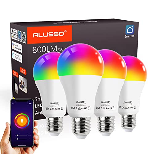 ALUSSO Alexa Glühbirne Smart Lampe E27, WLAN Lampe LED Kompatibel mit Alexa/Google Home, 10W 800LM Dimmbar Warmweiß-Kaltweiß und Mehrfarbige Birne, Kontrolle durch APP, kein Hub benötigt, 4 Stück