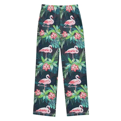 Flamingo Aloha Hibiscus Floral Boys Long Pants Soft Trousers Elastic Waist Kids Lounge Bottoms with Pockets S-XL