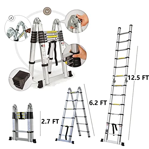 Telescoping Ladder Extension Ladders For Home 12Ft Aluminum Telescoping A-Frame Ladder With Ladder Stabilizer, Collapsible Ladders As Straight Ladder + Herringbone Ladder, 330Lbs Max Capacity, En131 #TOP3