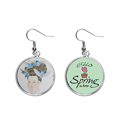Pendientes de primavera largos tipo pintura china con pájaro azul decorativo