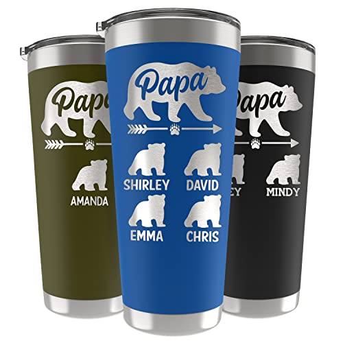 Papa Bear Tumbler, Personalized - 20 Oz. - 9 Colors - Laser Engraved Names up to 6 Cubs, 14 Font Options, Custom Dad Tumbler | Gifts for Dad from Daughter, Son