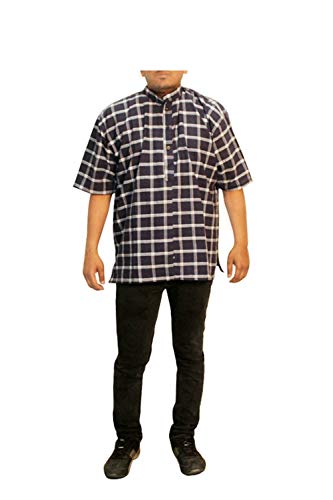 Lakkar Haveli Indian Men's Kurta Check Print Cotton Shirt Casual Men's Geometric Wear Dress (3XL) Blue