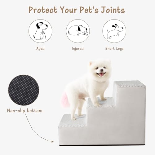 Image of Aodisman Dog Stairs for Small Dogs & Cats, 3-Step Extra Wide Non-Slip Pet Steps for Couch Sofa and Chair, Light Grey, 15.7 inch H