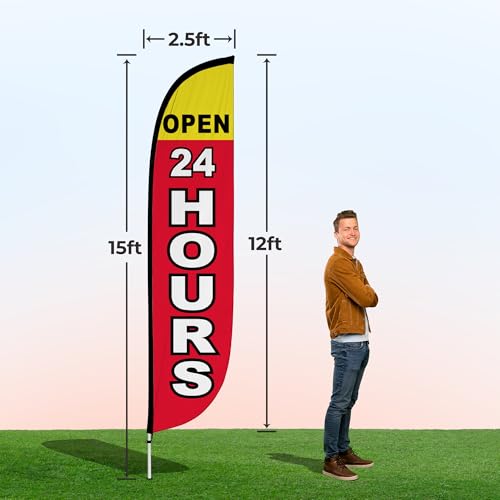 Image of LookOurWay Feather Flag Pole Kit - 12 Feet Tall Advertising Flag Banner with Fiberglass Pole Kit and Ground Spike for Business Promotion - Grand Opening Flags - Open 24 Hours (10M1200273)