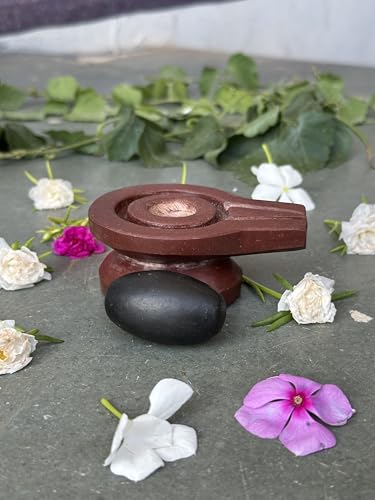Image of Shivam VASTU AKAL 1.5 inch Original Narmadeshwar Narmada Shivling with 3 inch Narmada Stone Yoni Base Jaladhari (Black Shivling, Brown Damru Jaladhari)