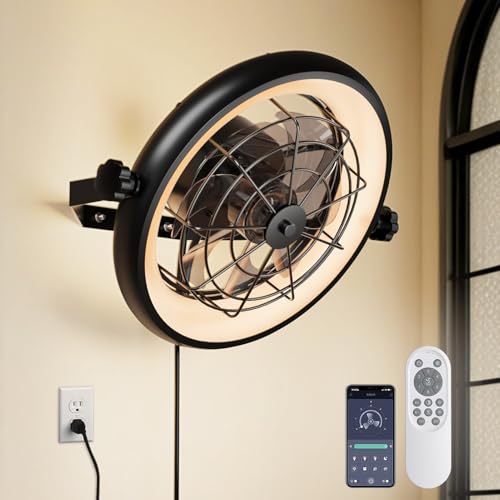 Ventilador de montaje en pared con control remoto/aplicación, ventilador silencioso de pared de 16 pulgadas con luz, 3 colores regulables, 6 velocidades, temporizador de 1/2H,...