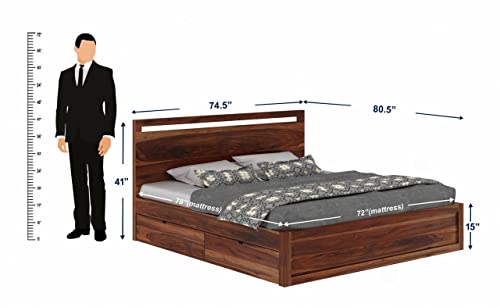 Image of Solid Sheesham Wood King Bed with Storage 4 Drawer Single Cut Design for Bedroom - Honey Finish