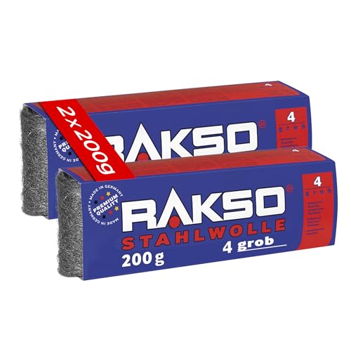 RAKSO Stahlwolle grob 4-400 g, 2 Banderolen à 200g, entfernt Öl, Fett auf Metall, reinigt Natur, Kunststein, anschleifen von altem Holz