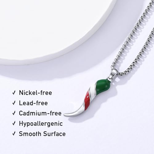 925 Sterling Silver Italian Horn Necklace for Men Women Italian Flag Cornicello Pendant Good Luck Amulet4