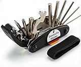 Fahrrad Multitool Werkzeug 16-in-1 + Klettverschluss | Faltbares Multifunktionswerkzeug als Camping- oder Fahrradzubehör | inkl. Inbusschlüssel, Schraubenzieher & Steckschlüssel Adapter