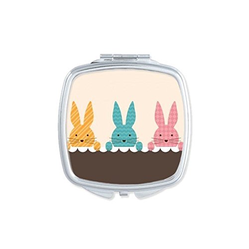 Miroir compact Pâques de poche carré motif lapin jaune et rose