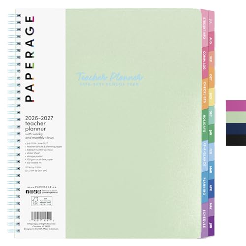 PAPERAGE Teacher Planner Weekly & Monthly Academic Planner & Calendar 12-Months July 2026 - June 2027 (9.5 x 11) Teacher Lesson Planning Book with Tabs Stickers & Inner Pocket Sage Green
