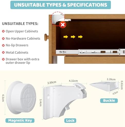 4our Kiddies 12 Pack Child Safety Magnetic Cabinet Locks with 2 Keys, No Drill Baby Proofing Drawer Locks for Baby Safety, Invisible Adhesive Magnetic Cupboard Locks for Kitchen Cabinet and Drawers - 3