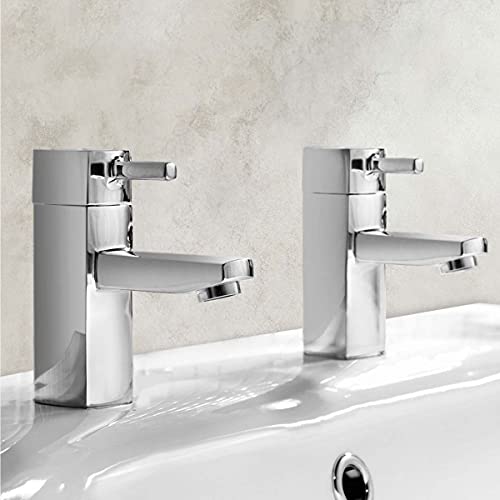 Image of NESHOME | Boston Modern Bathroom Square Hot & Cold Pair Basin Taps Brass Stick Lever Handles Chrome