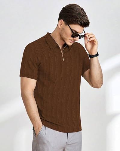 Image of Men T-Shirts Polos || Polo Tshirt with Texture Fabric Zipper Neck