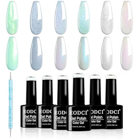 eodci Pearl Gel Nail Polish Set 6 Colors Pearlescent Shell Glitter White Blue Green Purple Shimmer Mermaid Nail Polish Soak Off LED UV Curing Requires Swirl Thread Effect DIY Manicure Use Cover