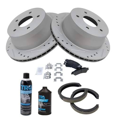 Image of TRQ Rear Ceramic Brake Pad & Performance Rotor with Parking Shoes w /Chemicals