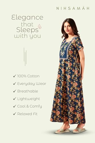 Image of NIHSAMAH Cotton Nighty for Women - Printed Stylish Night Gown, Comfortable Sleepwear Long Nightwear, Maxi