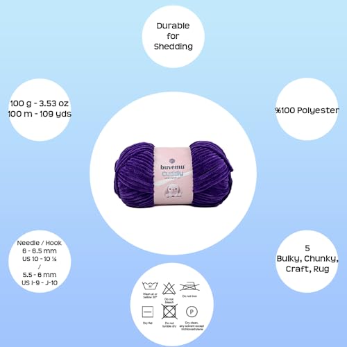 Image of Cuddly Velvet Chenille Yarn, Super Soft Fluffy Bulky for Knitting Crocheting Blanket Amigurumi, Durable for Shedding, 100 Gram (3.53 Ounces) 109 Yards (100 Meters) (Violet) (3 Skeins)