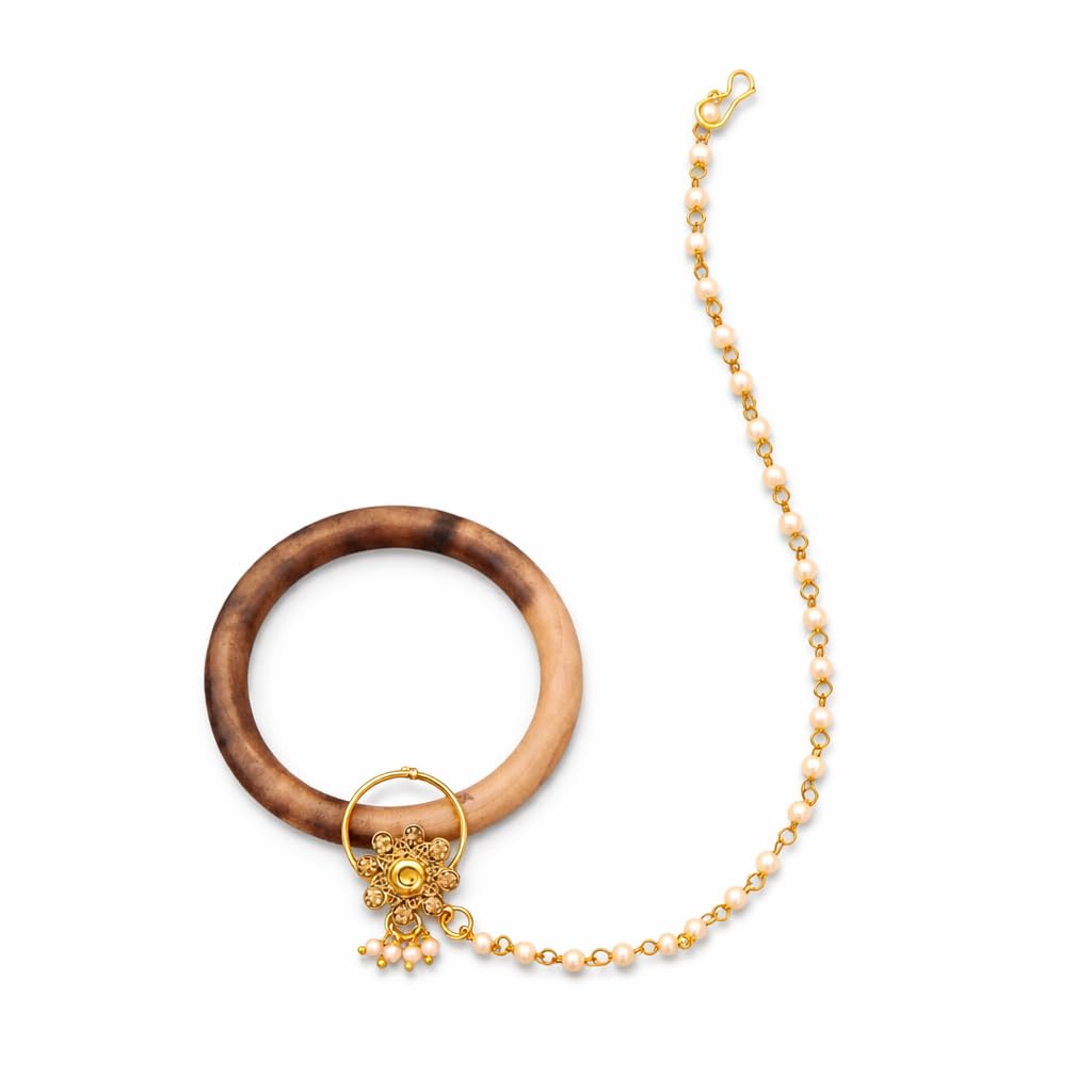 Classy Gold Finish Floral Nose Pin and Pearl Beads Chain-image-34