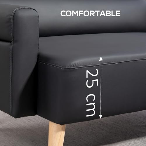 HOMCOM 2 Seater Sofa, Modern Faux Leather Couch Settee, Upholstered Small Sofa Loveseat with Wood Legs, Side Pocket for Living Room, Bedroom, Office, Black - Image 3