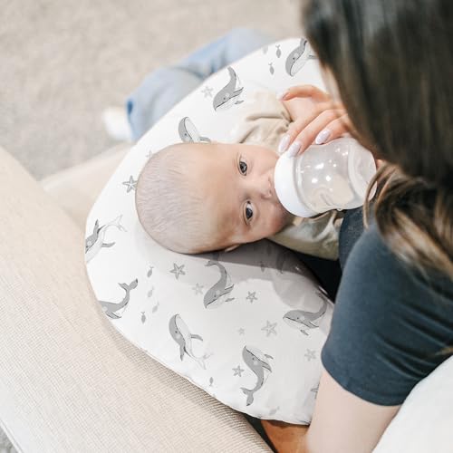 Image of Konssy 2 Pack Nursing Pillow Covers, Stretchy and Soft Nursing Cover for Breastfeeding Pillows, Pillow Slipcover for Baby Girls Boys Newborn (Starry Whales,Cozy Grid)