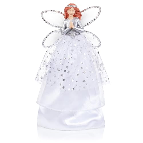 Premier Decorations Angel With Wings Christmas Tree Topper 28cm Festive Xmas Decoration Silver and White With Stars