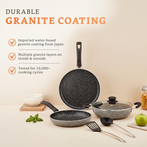 Amazon Brand - Solimo 6 Piece Non-Stick Cookware Set | Granite Finish | Induction Base | PFOA Free | HTR Exterior Coating | 25cm Tawa, 22 cm Kadai,... - Image 3