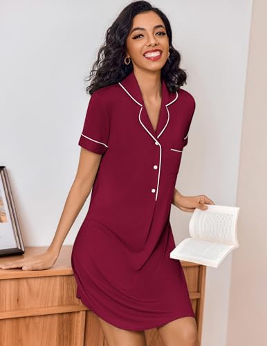 Image of Ekouaer Women's Nightgown Button Down Nightshirt V Neck Sleepshirt Short Sleeve Sleepwear Soft Pajama Dress