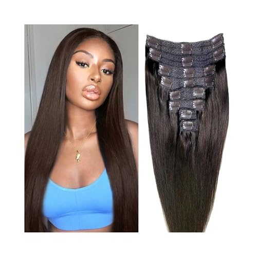 Extensiones de cabello humano con clip: 8 piezas de pelo liso y largo color marrón