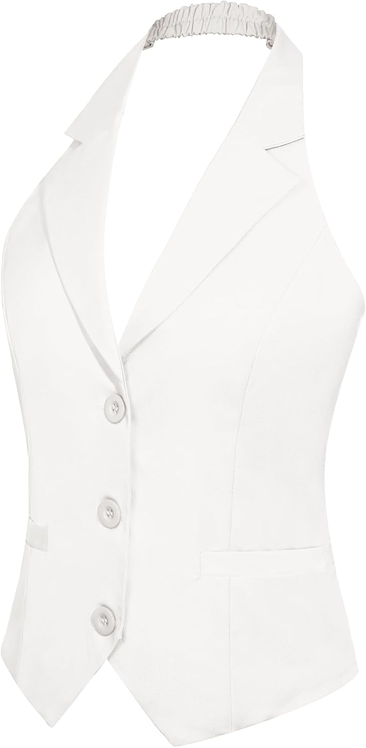 MINTLIMIT Womens Halter Neck Vest Notch Lapel Button Front Waistcoat Vintage Dressy Crop Tuxedo Suit Vests with Pockets