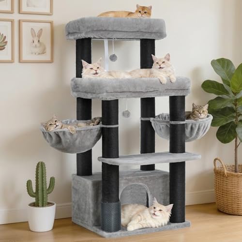 Hey-brother Kratzbaum, Stabil Katzenbaum für große Katzen und Maine Coons, mit 8 cm dicken Sisal-Kratzpfosten, Zwei Plattformen, Zwei Körben, großer Höhle und Fellpflegegerät, Hellgrau EMPJ02W