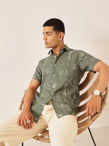 Image of Majestic Man Men's Slim Fit Pure Cotton Printed Casual Shirt - Short Sleeve | Premium Breathable Fabric | Modern Geometric Design