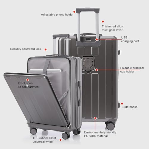 Travel Suitcase, 20" Carry On Luggage Hard Shell Scratch-Resistant Surface with USB Charging Cup Holder & Hook Interface Code Lock, Rolling Travel Suitcase with Wheels Grey3