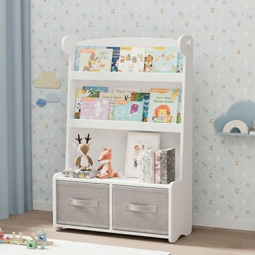 Image of WISUCART Kids Bookshelf and Toy Storage Organizer, 3 Tier Bamboo Todders Book Shelf Large Book Rack for Child Room Playroom Nursery for Kids, Children, Toddlers (White)