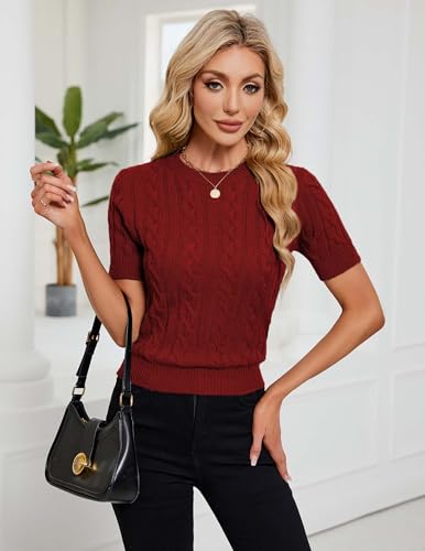 Image of Libsorge Womens Cropped Short Sleeve Sweater Fall 2025 Crewneck Sheer Knit Tops - Lightweight, Thin, Crop, Slim Fit