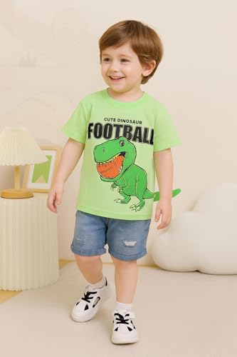 Image of Bold N Elegant Kids Dinosaur Football Cotton Half Sleeve T-Shirt with Denim Shorts Set for Infant Toddler Baby Boys Girls
