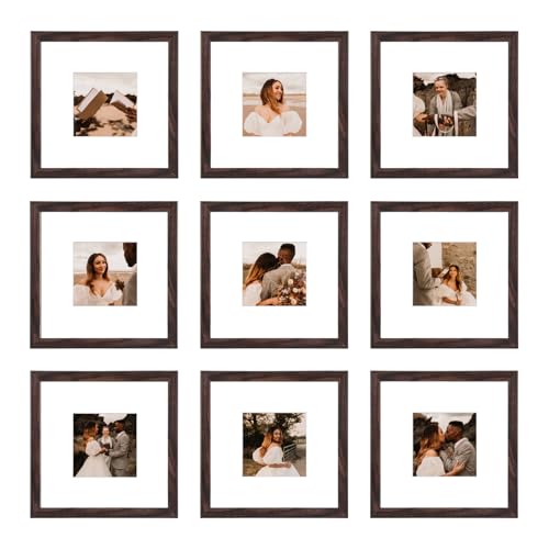 BSRHOME 8x8 Picture Frame Set of 9, Display Pictures 4x4 with Mat or 8x8 without Mat, Multi Collage Gallery Square Photo Frames for Wall or Tabletop, Brown