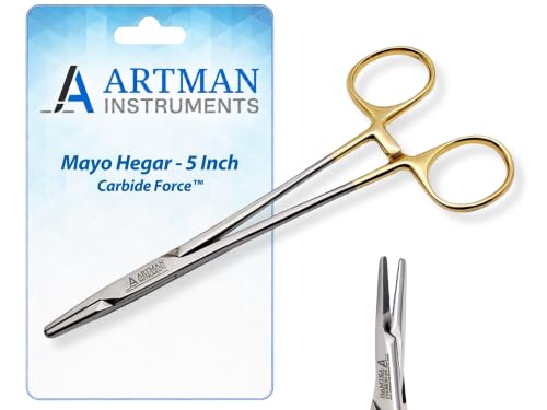 ARTMAN INSTRUMENTS Mayo Hegar Needle Holder 5" Tungsten Carbide Inserts, Gold Plated Needle Driver with Strong Lock, Serrated Jaws for Precise Suturing, Autoclavable (5 Inches)