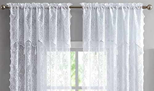 Warm Home Designs Pair Of 2 White Color Long Length 54” (W) X 96” (L) Semi Sheer Lace Curtain Panels & Attached Matching Valances With 6 Tassels. Classic Elegant English Rose Pattern. L White 96” #TOP2