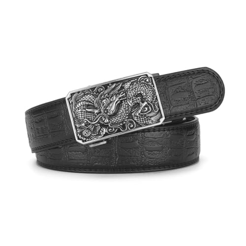 Men Ratchet Embossed Belt,Crocodile Pattern Leather Strap Automatic Buckle Carved Dragon Dress Casual,Trim to Fit