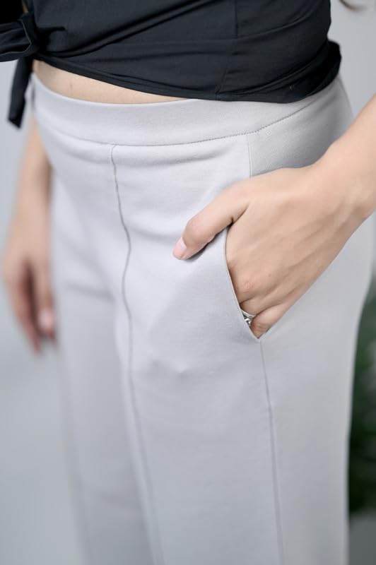 Image of Mlada Mid Waist Wide Leg Flared Pants Elastic Waist Band for Women Office Work Formal Wear Stretch Cotton Knit Flare Pants Utility Pockets Extra Flare Pants Trousers for Travel